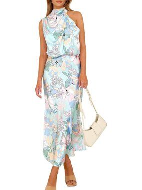 〽️Women's Print Blue Satin Maxi Dress Mock Neck Sleeveless Formal Wedding Day